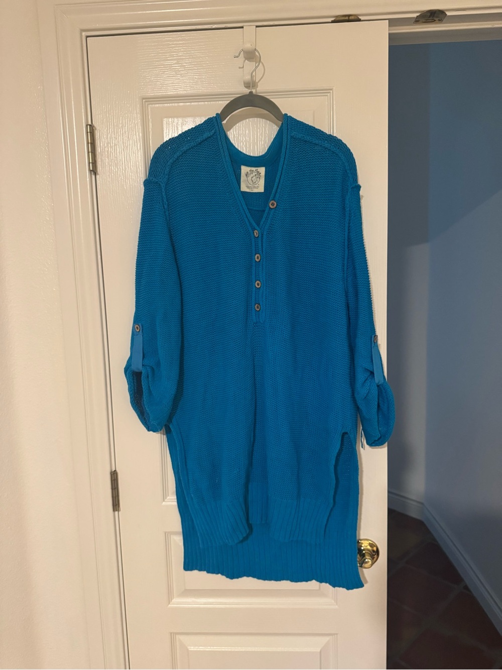 We The Free Bright Teal V-Neck Button Sweater